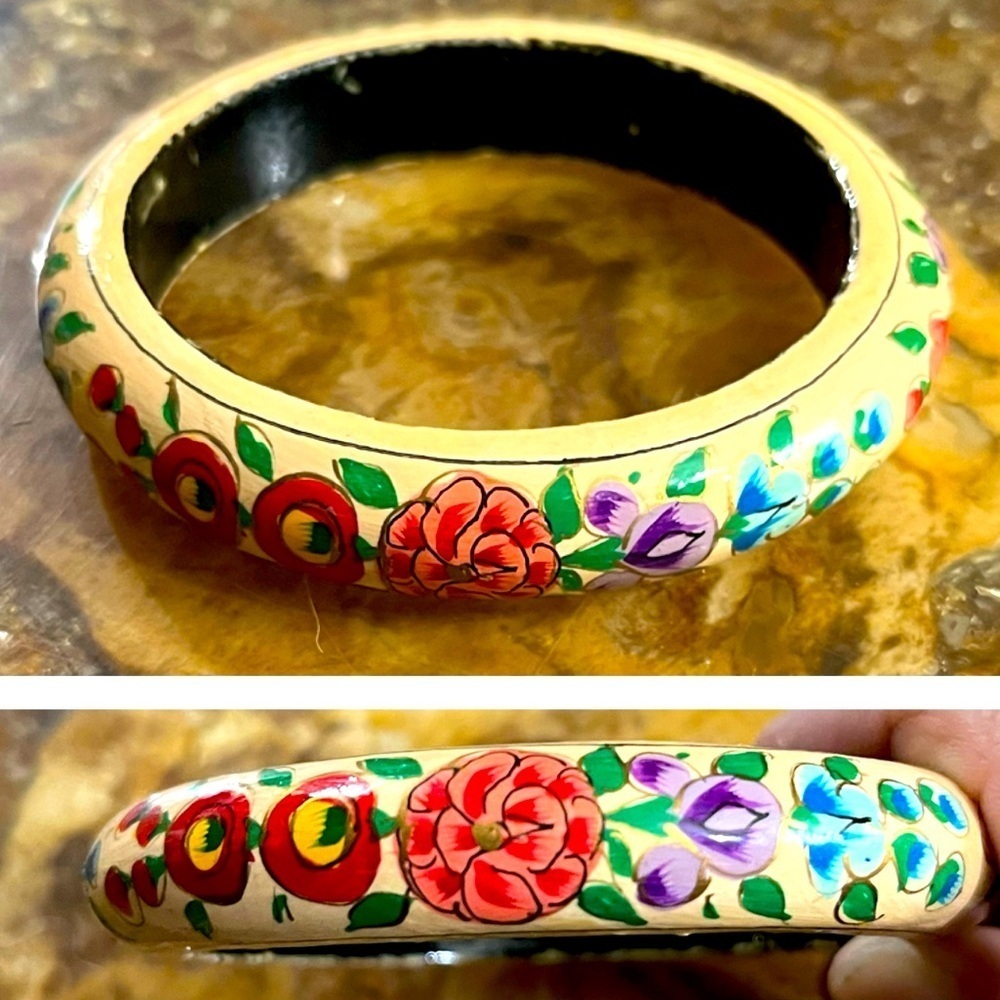 Floral Painted Wooden Bangle Bracelet